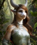 anthro blurred_background breasts brown_eyes brown_hair clothed clothing detailed detailed_background dragon dragoness eyebrows female hair half-length_portrait horn light outside pikaflufftuft plant portrait realistic smile solo tree watermark white_body