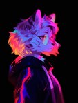 ambiguous_gender anthro black_background black_clothing black_nose black_topwear clothed clothing eyewear fur glasses hair hood pink_eyes side_view simple_background solo solo_focus topwear tuft white_body white_fur white_hair sappy_(director) felid feline mammal hi_res