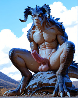 balls bodily_fluids claws cloud digitigrade erection genital_fluids genitals glistening glistening_body horn male muscular nipples nude outside pecs penile_spines penis precum pupils rock sharp_teeth sitting slit_pupils solo teeth vein yellow_eyes purrfectlyai deathclaw monster scalie absurd_res hi_res