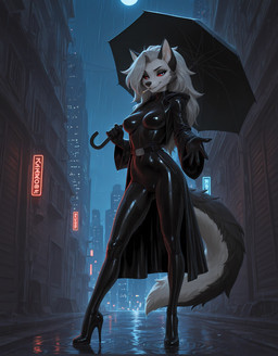 anthro belt black_body black_clothing black_fur cigarette cigarette_in_mouth city clothing female fluffy fluffy_tail footwear fur hair high_heels latex moon neon_sign night prostitution raining red_sclera sign smoking solo tight_clothing umbrella white_body white_eyes white_fur white_hair paajbach helluva_boss loona_(helluva_boss) canid canid_demon canine canis demon hellhound mammal wolf hi_res story story_in_description