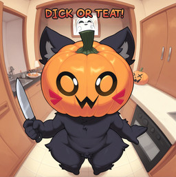 anthro black_body black_fur crotch_tuft dialogue fisheye_lens fluffy food fruit fur halloween holding_knife holding_object inside jack-o'-lantern kitchen knife looking_at_viewer male navel owo plant pumpkin pumpkin_head short_stack solo text thick_thighs threatening tuft wide_hips tawu halloween_2025 ghost spirit unknown_species english_text hi_res