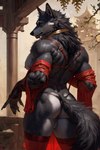 anthro back_muscles backsack balls biceps big_butt biped black_body black_fur black_nose bodily_fluids butt claws clothed clothing collar crossdressing detailed_background finger_claws fingers fluffy fluffy_tail fur genitals glistening gloves grey_body grey_fur handwear inner_ear_fluff leaf legwear lingerie looking_at_viewer looking_back looking_back_at_viewer male multicolored_body multicolored_fur muscular muscular_anthro muscular_male nipples outside pecs plant presenting presenting_hindquarters rear_view red_clothing red_eyes red_underwear solo standing stockings sweat sweaty_body sweaty_butt thigh_highs thong tree tuft two_tone_body two_tone_fur underwear wet wet_body wet_fur white_body white_fur anonymous_director canid canine canis mammal were werecanid werecanine werewolf wolf detailed hi_res portrait three-quarter_portrait