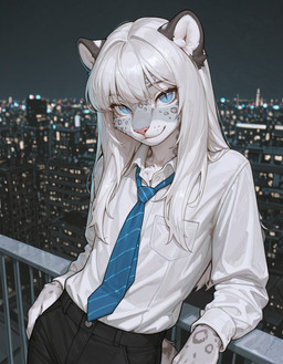 anthro black_bottomwear black_clothing black_necktie black_pants blue_eyes bottomwear building city cityscape clothed clothing dress_shirt fur grey_body grey_fur hair leaning leaning_backward long_hair looking_at_viewer male male_anthro markings necktie night outside pants pink_nose shirt smile solo spots spotted_body spotted_fur topwear tuft white_body white_clothing white_fur white_hair white_shirt white_topwear lucanon felid mammal pantherine snow_leopard hi_res