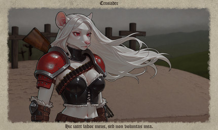 anthro armor breasts cleavage clothed clothing corset cross female fur gun hair lingerie long_hair looking_away midriff mountains navel outside overcast ranged_weapon red_eyes sky solo standing topwear upper_body weapon white_body white_fur white_hair mammal murid murine rat rodent hi_res