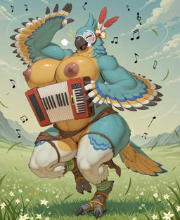 3_toes 5_fingers areola avian_feet beak big_breasts biped blue_body blue_feathers blush bottomwear breasts breath casual_exposure claws clothed clothing cloud crossgender curvy_figure dancing detailed_background eyes_closed feathers feet female fingers flower genitals glistening glistening_breasts grass happy holding_musical_instrument holding_object huge_breasts ineffective_clothing innie_pussy mostly_nude mtf_crossgender multicolored_body multicolored_feathers muscular musical_instrument musical_note nipples non-mammal_breasts non-mammal_nipples on_one_leg open_mouth outside plant playing_music pussy smile solo standing tail tail_feathers talons thick_thighs toes topless topless_female voluptuous voluptuous_female white_body wide_hips winged_arms wings yellow_body yellow_feathers unknown_director nintendo the_legend_of_zelda kass_(tloz) avian bird rito hi_res