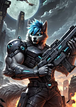 5_fingers aircraft anthro armor biceps black_nose blue_eyes blue_hair bottomwear building city cityscape claws clothed clothing cloud detailed_background fingers fire fluffy fluffy_tail full_moon fur glowing grey_body grey_fur gun hair holding_gun holding_object holding_ranged_weapon holding_weapon light looking_at_viewer machine male moon muscular muscular_anthro muscular_male night outside pants ranged_weapon rifle science_fiction sky skyscraper smoke solo standing tail tuft warrior weapon white_body thebigbradwulf brad_wulf_(thebigbradwulf) canid canine canis humanoid mammal wolf animated detailed digital_media_(artwork) portrait three-quarter_portrait webm