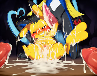 after_sex ascot blush bodily_fluids cave cavern clothing cum cum_drip cum_everywhere cum_on_body cum_on_clothing cum_on_ear cum_on_face cum_on_feet cum_on_tail cum_pool dripping drooling excessive_cum excessive_genital_fluids exhausted female feral free_use genital_fluids genitals grin group group_sex lying lying_on_back lying_on_ground male male/female messy messy_fur narrowed_eyes on_back orgy pussy saliva sex smile smug smug_face spread_legs spreading squint surrounded tail tired torn_clothing stressedout nintendo pokemon generation_1_pokemon generation_8_pokemon inteleon pikachu pokemon_(species)