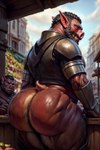 big_butt black_hair bodily_fluids body_hair butt butt_hair clothing detailed_background hair looking_at_viewer looking_back male market muscular outside prompt pubes public rear_view red_body smile snout solo solo_focus sweat teeth thick_thighs cresent_sun domestic_pig humanoid mammal monstrous_humanoid orc suid suina sus_(pig) detailed hi_res prompt_metainfo