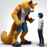 anthro black_hair black_nose bottomwear clothing crocs dall-e_3 denim denim_clothing dialogue duo female fur hair jeans male male/female pants size_difference yellow_body yellow_fur goldanthrowolf trigem canid canine canis human mammal wolf