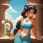 anthro black_hair brown_eyes circlet clothed clothing female fur gem hair harem_outfit jewelry looking_away necklace orange_body orange_fur pink_nose solo striped_body striped_fur stripes tied_hair topwear tube_top sagrael princess_jasmine_(disney) felid mammal pantherine tiger hi_res