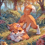 absurd_res all_fours ambiguous_gender canid canine canis claws crosskemono_(model) day domestic_dog feral field flower fluffy fluffy_ears fluffy_tail forest full-length_portrait fur grass hi_res looking_at_viewer mammal mengxi orange_eyes outdoors plant portrait quadruped smile solo tree