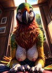 anthro avian beak bedroom bird breasts cattorihanzo claws colorful feathers female green_body green_feathers hi_res looking_at_viewer nipples non-mammal_breasts non-mammal_nipples parrot red_eyes seductive solo stable_diffusion