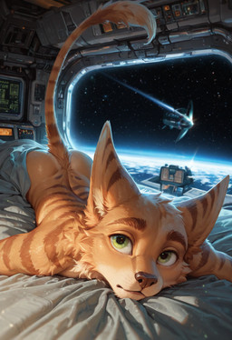 anthro bed bed_sheet bedding bedroom butt cheek_tuft facial_tuft furniture green_eyes looking_at_viewer lying male neck_tuft nude on_bed on_front solo space spacecraft spacecraft_interior striped_body stripes tail_tuft tuft vehicle window ratori ratchet_and_clank ratchet_(ratchet_and_clank) lombax mammal hi_res