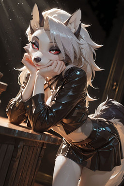 anthro bottomwear clothing female jacket leather night skirt smile solo studio_lighting topwear warm_lighting hellaverse helluva_boss loona_(helluva_boss) canid canine mammal hi_res