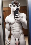 abs anthro athletic athletic_male backwards_baseball_cap backwards_hat balls baseball_cap brown_hair cellphone clothing foreskin fur genitals hair half-erect hat hat_only headgear headgear_only headwear headwear_only locker locker_room looking_at_viewer male mirror_selfie mostly_nude muscular muscular_anthro muscular_male nipples nude pecs penis phone public public_exposure seductive selfie slim solo white_body white_fur bmrwcl mammal polar_bear ursid ursine hi_res