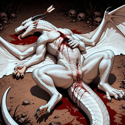 4_fingers 4_toes anthro anus arrow_(weapon) arrow_in_belly arrow_in_head arrowed blood blood_from_pussy blood_from_wound blood_in_pussy blood_pool bodily_fluids bone chest_wound claws death detailed_scales director_neltarion dragon_horn dragon_wings dragoness empty_eyes fatal_wound feet female fingers genital_fluids genitals gore head_on_ground horn limp lying lying_on_ground mythology nude nude_female on_back open_mouth pussy pussy_juice ranged_weapon scales semi-anthro sharp_teeth skull snuff solo spread_wings tail teeth toes tongue tongue_out weapon wings wound wounded dragon mythological_creature mythological_scalie scalie detailed hi_res