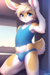 anthro blue_eyes bulge clothed clothing femboy humanoid lagomorph lariel leporid looking_at_viewer male mammal rabbit shirt solo topwear underwear