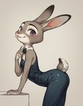 anthro arm_support bent_over blush bowtie clothing dress ears_up female looking_at_viewer rubber rubber_clothing small_waist smile solo zootopia anonymous_director judy_hopps lagomorph leporid mammal rabbit hi_res