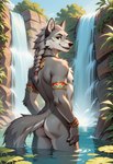 accessory anthro braided_hair butt day fur grey_body grey_fur hair hair_accessory jewelry male muscular native_american necklace nipples nude outdoors pecs pony_diffusion_(model) prompt series solo tribal tribal_jewelry water waterfall dunehound canid canine canis mammal wolf hi_res