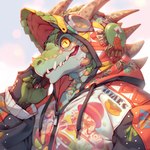 anthro bust_portrait claws clothed clothing eyewear eyewear_on_head goggles goggles_on_head hoodie horn jacket male portrait raised_clothing raised_hoodie raised_topwear reptile scalie solo spikes spikes_(anatomy) topwear