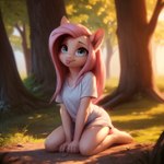 anthro blep blep_(director) blue_eyes bottomwear clothed clothing equid equine female fluttershy_(mlp) forest freckles fur hair hi_res horse kneeling looking_at_viewer mammal my_little_pony on_ground outside pink_body pink_fur pink_hair plant pony prompt_metainfo shirt shorts solo t-shirt tongue tongue_out topwear tree