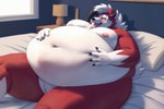 ailycanroc anthro barely_visible_genitalia bed bedroom belly big_belly breasts canid canine canis chest_tuft female floppy_ears fur furniture generation_7_pokemon genitals lycanroc lying mammal midnight_lycanroc morbidly_obese morbidly_obese_female navel neck_tuft nipples nude obese obese_female overweight overweight_female pokemon_(species) pussy red_eyes smile solo thick_thighs tongue tuft