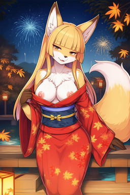 anthro asian_clothing blonde_hair breasts brown_eyes chizue_(jack_the_rabbit) clothed clothing east_asian_clothing female fireworks hair hime_cut japanese_clothing kimono medium_breasts night nipples open_clothing open_kimono solo jack_the_rabbit canid canine fox mammal hi_res novelai