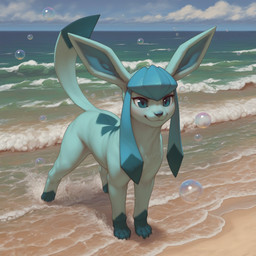 4_toes ambiguous_gender beach blue_body blue_eyes blue_fur bubble claws cloud day detailed_background digitigrade feet feral fur looking_at_viewer markings outside paws quadruped sand sea seaside sky smile solo tail toe_claws toes water wave unknown_director nintendo pokemon canid eeveelution generation_4_pokemon glaceon mammal pokemon_(species) hi_res shaded