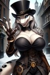 anthro big_breasts blue_eyes breasts city cityscape cleavage clothed clothing felid female fur grey_body grey_fur mammal pantherine sergal smile snow snow_leopard solo steampunk unknown_director winter_background