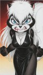 angry blood blue_eyes bodily_fluids breasts cleavage clothed clothing dress female fist looking_at_viewer simple_background standing teeth nnam_si3 natasha_(jmh) mammal mephitid skunk hi_res