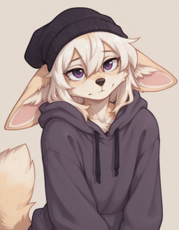 anthro beanie brown_body brown_fur brown_hair cheek_tuft chest_tuft clothed clothing dipstick_tail ears_down facial_tuft female fur gradient_hair hair hat headgear headwear hoodie inner_ear_fluff looking_at_viewer markings pink_body pivoted_ears purple_eyes short_hair sidelocks simple_background solo tail tail_markings topwear tuft upper_body white_body white_fur white_hair foxgirlai canid canine fennec fox mammal hi_res portrait