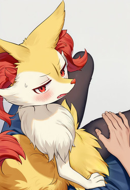 ambiguous_gender anthro blush blush_lines bodily_fluids duo embarrassed fangs first_person_view fur hand_on_leg hand_on_thigh inner_ear_fluff looking_back multicolored_body on_lap open_mouth red_body red_eyes red_fur simple_background sitting_on_lap sweat tail teeth tuft white_body white_fur yellow_body yellow_fur aialize nintendo pokemon braixen canid canine generation_6_pokemon human mammal pokemon_(species) 2025 hi_res