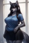 amber_eyes anthro autumndragon black_bottomwear black_clothing black_hair black_skirt blue_clothing blue_shirt blue_topwear bottomwear canid canine canis clothed clothing ear_piercing ear_ring erect_nipples female fur grey_body grey_fur hair hi_res mammal nipples piercing ring_piercing shirt skirt slightly_chubby solo topwear wolf