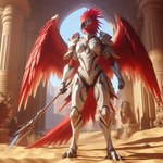 anthro armor beak blue_eyes clothed clothing desert feathered_arms feathered_tail feathers female melee_weapon polearm red_body red_feathers sand solo spear tail_feathers temple weapon wings omgechounknown avian bird mythological_avian mythological_firebird phoenix