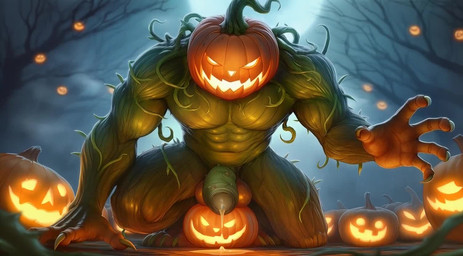 4_toes 5_fingers abs balls biceps big_balls big_penis biped bodily_fluids claws detailed_background dripping erection feet finger_claws fingers food for_a_head foreskin forest fruit full_moon genital_fluids genitals glans glowing glowing_eyes green_body green_penis halloween holidays humanoid_genitalia humanoid_penis jack-o'-lantern looking_at_viewer male male_humanoid moon muscular muscular_humanoid muscular_male night nude outside pecs penis plant precum precum_pool pumpkin pumpkin_head smile solo spiked_penis spikes spikes_(anatomy) text thick_penis thorns toe_claws toes tree vines sergalbutt halloween_2025 elemental_creature elemental_humanoid flora_fauna food_creature humanoid living_fruit monster monstrous_humanoid object_head plant_humanoid 5:3 animated short_playtime sound webm