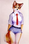 absurd_res anthro belt black_nose bottomwear brown_body brown_fur canid canine canis clothed clothing cutoffs denim denim_clothing domestic_dog dress_shirt female fur hi_res kravino mammal multicolored_body multicolored_fur necktie red_eyes red_necktie shiba_inu shirt short shorts smile solo spitz tail topwear two_tone_body two_tone_fur white_body white_fur