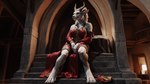 anthro clothed clothing detailed_background dress female hair horn inside looking_away red_clothing red_dress solo stable_diffusion stairs stone_wall wall_(structure) white_body gopossum felid mammal hi_res