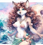 anthro blue_eyes breasts canid canine cleavage clothed clothing dall-e_3 director_sunshine female fluffy fox fur hair looking_at_viewer mammal navel seaside shell skimpy smile solo