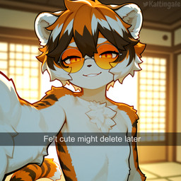 anthro brown_body brown_fur brown_hair chest_tuft eyewear female flat_chested fluffy front_view fur glasses hair inner_ear_fluff japanese_house long_tail looking_at_viewer multicolored_hair nude orange_body orange_eyes orange_fur orange_hair reaching_towards_viewer selfie short_hair shoulder_tuft smile solo striped_body striped_fur stripes text tuft white_body white_fur white_hair kaltingale_(director) waaifu_(arknights) felid mammal pantherine tiger hi_res portrait watermark