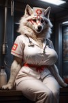 amaterasu_(okami) anthro canid canine canis clothing female fur handpaw hi_res large_breasts looking_at_viewer mammal nurse_outfit orange_eyes paws photorealism solo uniform white_body white_fur wolf