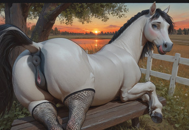 animal_genitalia animal_pussy anus bench black_clothing black_hair black_legwear black_mane black_pussy blue_eyes clothing equine_anus equine_genitalia equine_pussy female feral genitals grassland hair hooves legwear licking licking_lips looking_at_viewer looking_back lying mane nude nude_female puffy_anus pussy quadruped raised_tail solo sunset tail_up tongue tongue_out white_body mare_fan_ultimate equid equine mammal hi_res