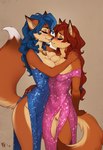 blue_hair blush breast_squish breasts clothed clothing curled_hair dress duo female female/female fur genitals hair kiss kissing off_shoulder orange_body orange_fur pussy red_body red_fur red_hair sparkles squish torn_clothing wide_hips dux38 carmelita_fox isabella_(furlough_games) canid canine fox humanoid mammal hi_res