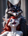 absurd_res ai-honduraz ambiguous_gender anthro black_body black_fur canid canine domestic_cat duo eyes_closed felid feline felis fox fur hair hi_res inside_mouth mammal red_eyes red_hair teeth white_body white_fur