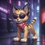 all_fours bandanna city cub cyberpunk domestic_cat eyewear felid feline felis female feral kerchief mammal neon_lights nickernacker_(director) night pixie_(pixie_and_brutus) solo street sunglasses sunglasses_at_night young