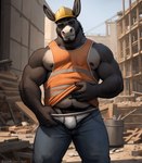 4_fingers anthro armor body_hair bottomwear bottomwear_pull bulge clothed clothing clothing_lift clothing_pull construction_worker covered_eyes denim denim_clothing detailed_background ears_up eyewear fingers fur grey_body grey_fur hairy hand_in_pants hand_on_stomach hard_hat headgear helmet jeans male manly multicolored_body multicolored_fur muscular muscular_anthro muscular_male nipples obscured_eyes open_bottomwear open_clothing open_pants pants pants_pull pecs pinup pose reflective_clothing shirt shirt_lift smile solo sunglasses tank_top topwear two_tone_body two_tone_fur underwear underwear_bulge dogarrowtype asinus donkey equid equine mammal hi_res