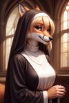 anthro autumndragon blond_hair brown_eyes canid canine clothing ear_piercing ear_ring female fox hi_res mammal nun_outfit piercing red_fox religious_clothing ring_piercing sister_vixen solo