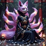 anthro black_sclera candle clothed clothing dress female flower fully_clothed fur gloves glowing glowing_markings hair handwear long_ears markings multi_tail outside pink_body pink_eyes pink_fur pink_hair plant sitting solo solo_focus torii_gate whiskers valendier animal_humanoid canid canid_humanoid canine canine_humanoid fox fox_humanoid humanoid mammal mammal_humanoid