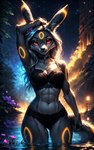 anthro choker clothing director_elkkue eeveelution female fur generation_2_pokemon hair hi_res jewelry lingerie looking_at_viewer mammal necklace night plant pokemon_(species) red_eyes smile solo tree umbreon water