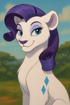 alternate_species blue_eyes blue_sky cloud cutie_mark day eyelashes eyeshadow female feral fur hair looking_off_screen makeup outside plant purple_eyeshadow purple_hair purple_nose quadruped sitting_on_ground sitting_up sky smile solo tree white_body white_fur horridhenrietta friendship_is_magic my_little_pony rarity_(mlp) felid lion mammal pantherine hi_res