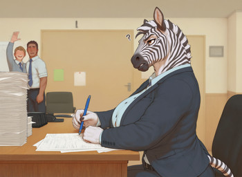 annoyed anthro chair clothing female furniture gesture group male male/female office office_chair office_clothing paper question_mark suit trio waving otteranon equid equine human mammal zebra hi_res